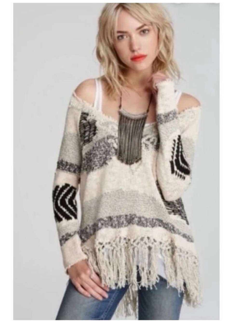 Free People Patchwork Landscape Fringe Sweater Size Small Ivory/Black Boho